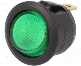 R13-112B-02-BG, ROCKER; SPST; Pos: 2; ON-OFF; 20A/14VDC; green; LED; 14V; 50m?; round