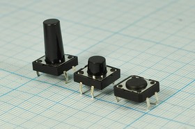 Переключатель тактовый 12x12x10 мм, высота над корпусом 6.5мм, NO, черный, 4PF; №1457 L ПКнТакт 12x12x10\h 6,5\\NO\чер\4PF\TS-2201\