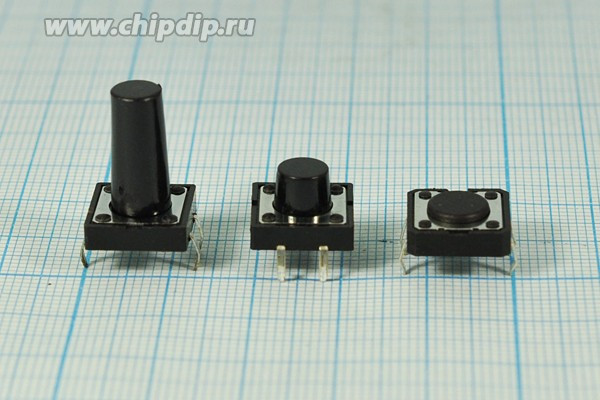 Переключатель тактовый 12x12x10 мм, высота над корпусом 6.5мм, NO, черный, 4PF; №1457 L ПКнТакт 12x12x10\h 6,5\\NO\чер\4PF\TS-2201\