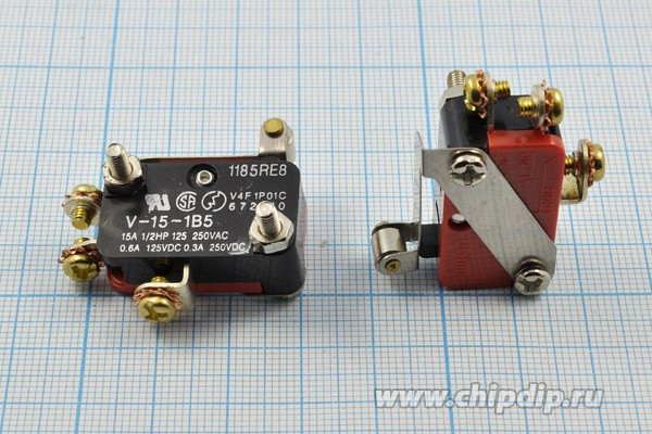 Микропереключатель, размер 28x10 x16, 15А, переключение ON-(ON), размер концевика L16, V15-1B5