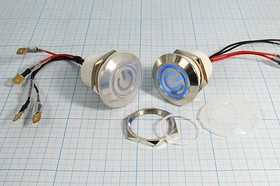 Влагозащищённая кнопка без фиксации (SPST), OFF-(ON) с синей подсветкой, 12В/10А; №10330B ПКн\ 12\10\SPST\d32\мет\ ILсин12В\IP65\4L\\