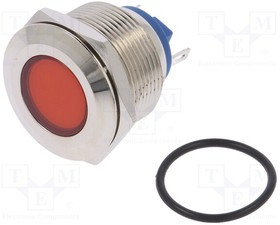 IND22-12R-C, Индикат.лампа LED, плоский, 12ВDC, 12ВAC, Отв d22мм, латунь