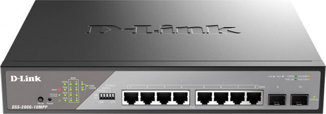 D-Link DSS-200G-10MPP/A1A Настраиваемый L2 коммутатор с 8 портами 10/100/1000Base-T и 2 портами 1000Base-X SFP (8 портов PoE 802.3af/at/bt, D-Link DSS-200G-10MPP/A1A Настраиваемый L2 коммутатор с 8 портами 10/100/1000Base-T и 2 портами 1000Base-X SFP (8 портов PoE 802.3af/at/bt,