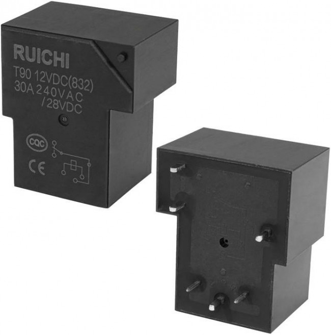 T90 12VDC (832) 30A, Реле силовое, 30 А одна группа на переключение катушка 12В монтаж DIP в отверстие
