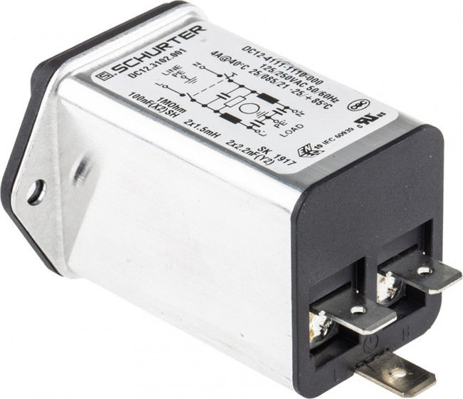DC12.3102.001, 4A, 250 V ac Male Panel Mount Filtered IEC Connector DC12.3102.001