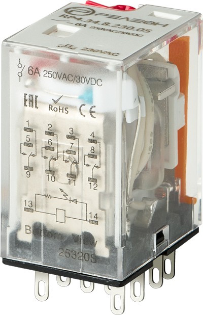 RP4.34.8.036.05, Реле 4 пер. 36VAC, 6A/ 250VAC с кнопкой проверки и светодиодом