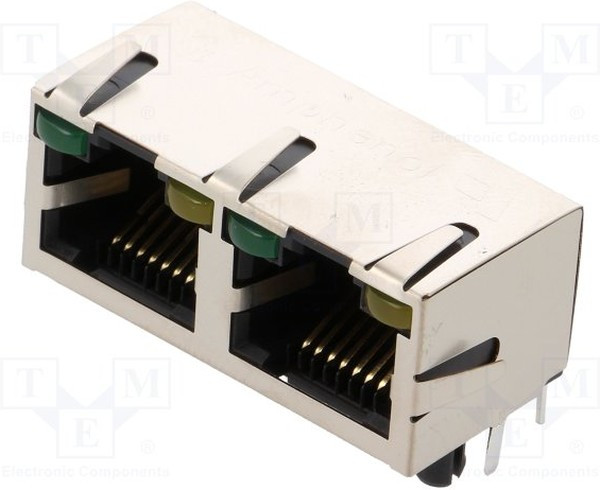 RJHSE538402, Гнездо, RJ45, Кат: 5, экранированный, двойное, с LED, Конф: 8p8c, THT RJHSE538402, Гнездо, RJ45, Кат: 5, экранированный, двойное, с LED, Конф: 8p8c, THT