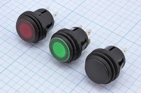 Влагозащищённая кнопка без фиксации (SPST), OFF-(ON), зелёная с подсветкой, 12В/10А; №10462G ПКн\ 12\10\(SPST)\d20\чер\ ILзел\IP56\4T\R13-52