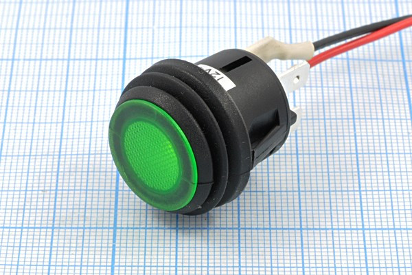 Влагозащищённая кнопка без фиксации (SPST), OFF-(ON), зелёная с подсветкой, 12В/10А; №10462G ПКн\ 12\10\(SPST)\d20\чер\ ILзел\IP56\4T\R13-52