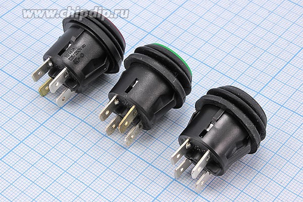 Влагозащищённая кнопка без фиксации (SPST), OFF-(ON), зелёная с подсветкой, 12В/10А; №10462G ПКн\ 12\10\(SPST)\d20\чер\ ILзел\IP56\4T\R13-52