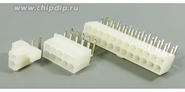 Штекер питания Mini-Fit 2-х рядный на 4 контакта, угловой на плату; №9573 штек пит MF\2x 2\P4,2\плата\угл\MF-2x2R