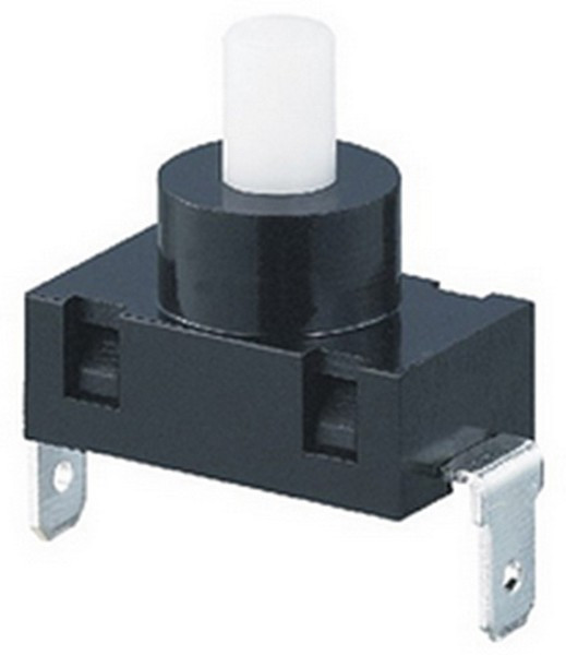 PBS101B, Кнопочный переключатель , 2 контакта вертикально вниз, корпус черный, кнопка белая