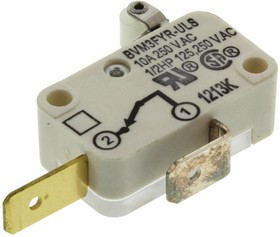 BVM3FYR, Микропереключатель, Миниатюрный, Роликовый Рычаг, SPST-NC, Быстрое Соединение, Пайка, 10 А