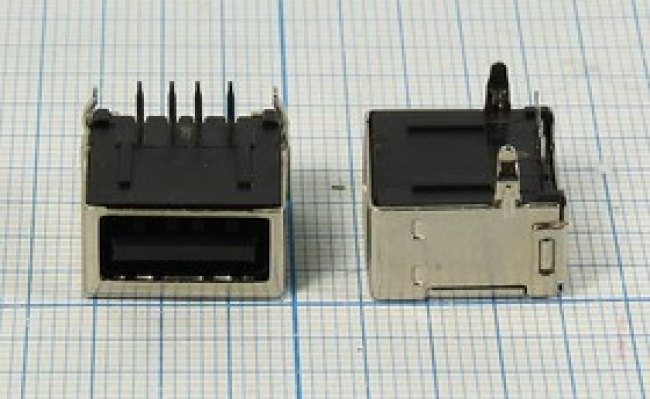 Разъем USB розетка, тип A, контакты на плату, угловой экран, USB A-1J экран Разъем USB розетка, тип A, контакты на плату, угловой экран, USB A-1J экран