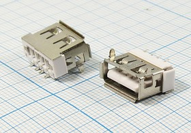 Гнездо USB, Тип A, угловое, 4 контакта, укороченное, SMD на плату; №2268 гн USB \A\4P2C\плат\ угл\SMD\USBA-1J BS1