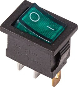36-2153, Выключатель клавишный 250V 6А (3с) ON-OFF зеленый с подсветкой Mini (RWB-206, SC-768)