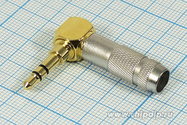 Вилка 3.5 стерео, контакты 3C[Au], на кабель угловой/d6.3мм, металл хвост