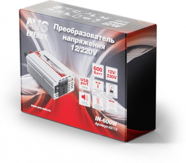 43112, Преобразователь напряжения (инвертор) 12-220V 600Вт AVS