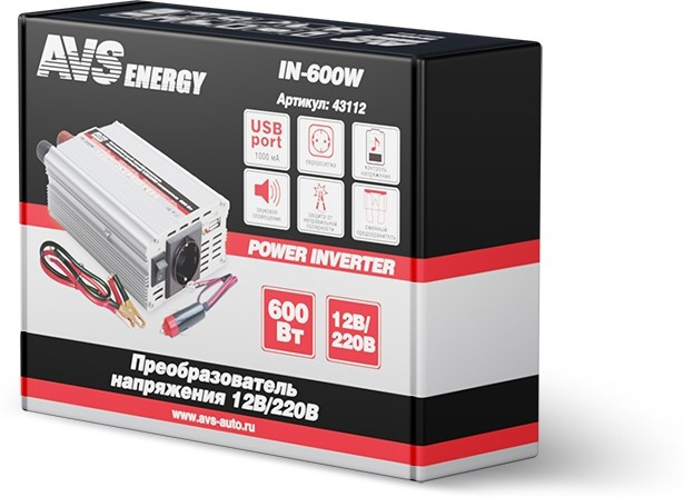 43112, Преобразователь напряжения (инвертор) 12-220V 600Вт AVS