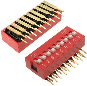 DA09R, DIP-переключатель угловой , 25 мА, 24 В, 50 мОм, 9 (ON-OFF) с шагом 2,54 мм, 6.7х24.42х9.9 мм