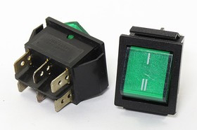 Переключатель клавишный, контакты 6T, 15А, ON-ON, подсветка черная/ILзеленая, IRS202-1C