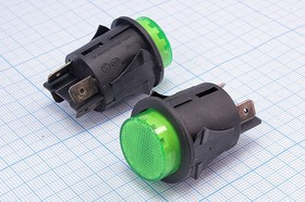 Включатель кнопочный без фиксации зеленый с подсветкой (SPST), OFF-(ON), 12В/3А; №14388G ПКн\ 12\ 3\(NO)\d23\чер\ ILзел\\\4T\PBS-06L\