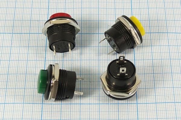 Включатель кнопочный без фиксации (SPST), OFF-(ON) желтого цвета, 220В/3А, d16мм; №9142 Y ПКн\250\ 3\(SPST)\d16\чер\ жел\\2C\R13-507Y\