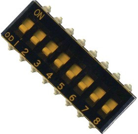 4-1825059-2, Switch DIP OFF ON SPST 8 Flush Slide 0.1A 24VDC Gull Wing 1000Cycles 2.54mm SMD T/R