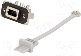MUSB-B151-01, Гнездо, USB B mini, MUSB, на панель, винтами, THT, угловой 90°