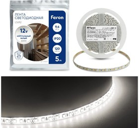 41448, Лента светодиодная LEDх120/м 5м 9.6w/m 12в белый 41448, Лента светодиодная LEDх120/м 5м 9.6w/m 12в белый