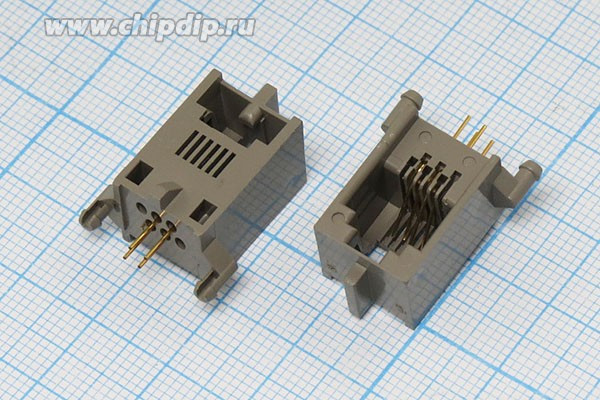 Разъем телефонный 6P4C розетка, контакты 4P, на плату/угловой, T9-6P4C[RJ-11]
