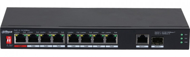 Dahua DH-PFS3110-8ET1GT1GF-96, 8-портовый неуправляемый коммутатор с РОЕ, Порты: 8 RJ45 10/100Мбит/с (PoE/PoE+/Hi-PoE/IEEE 802.3bt) 1 RJ45 1 Dahua DH-PFS3110-8ET1GT1GF-96, 8-портовый неуправляемый коммутатор с РОЕ, Порты: 8 RJ45 10/100Мбит/с (PoE/PoE+/Hi-PoE/IEEE 802.3bt) 1 RJ45 1