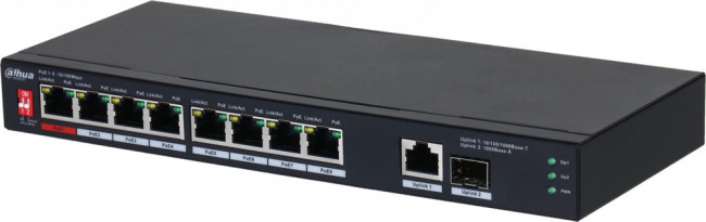 Dahua DH-PFS3110-8ET1GT1GF-96, 8-портовый неуправляемый коммутатор с РОЕ, Порты: 8 RJ45 10/100Мбит/с (PoE/PoE+/Hi-PoE/IEEE 802.3bt) 1 RJ45 1 Dahua DH-PFS3110-8ET1GT1GF-96, 8-портовый неуправляемый коммутатор с РОЕ, Порты: 8 RJ45 10/100Мбит/с (PoE/PoE+/Hi-PoE/IEEE 802.3bt) 1 RJ45 1