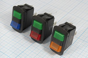 Клавишный переключатель с двойной индикацией:жёлтой и зелёной, 12В/20А, c фиксацией; №10221 Пкл\12\20\ON-ON\\чер\ ILжел&amp;зел\IP56\ 4T\R13-260