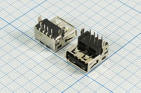 Гнездо USB, Тип A, угловое, 4 контакта, на плату; №12660 гн USB \A\4P2C\плат\угл\USB A-1H