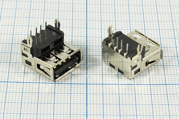 Гнездо USB, Тип A, угловое, 4 контакта, на плату; №12660 гн USB \A\4P2C\плат\угл\USB A-1H