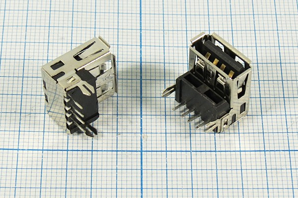 Гнездо USB, Тип A, угловое, 4 контакта, на плату; №12660 гн USB \A\4P2C\плат\угл\USB A-1H