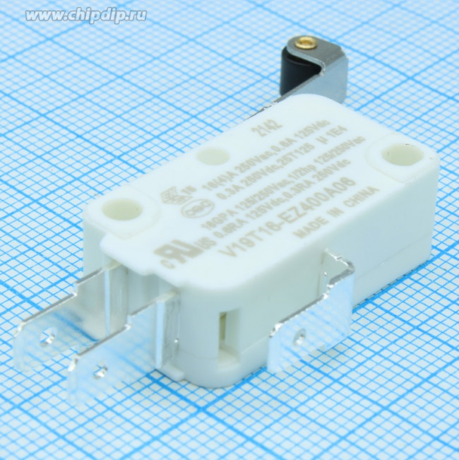 V19T16-EZ400A06, Микропереключатель, Стандартный, Длинный Роликовый Рычаг, SPDT, Быстрое Соединение, 16 А