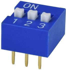 DS01C-254-L-03BE, DIP Switches / SIP Switches DIP Switch, SPST, 2.54 pitch, raised actuator, covex bottom, long pin, 3 position, Blue DS01C-254-L-03BE, DIP Switches / SIP Switches DIP Switch, SPST, 2.54 pitch, raised actuator, covex bottom, long pin, 3 position, Blue
