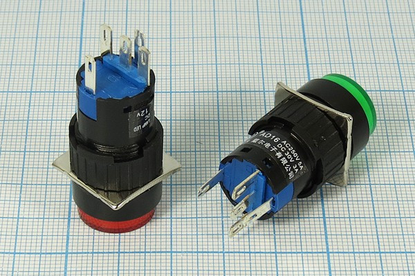 Переключатель кнопочный с фиксацией зелёная с подсветкой SPDT, on-off/OFF-ON; №10634G ПКн\ 12\ 5\SPDT\d16\чер\ ILзел\\5C\AL6-A12V\