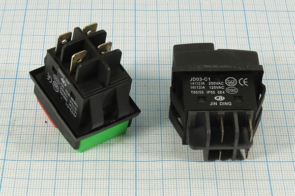 Переключатель двухкнопочный с фиксацией DPST, 2xoff-on, черный; №9824Bl ПКн\250\14\DPST\30x22\ чер\чер&amp;чер\\4T\JD03-C1\