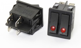 Переключатель клавишный, контакты 4T, 16А, 2-ON-OFF, подсветка черная/[глазок/красная], RS2101E-1C