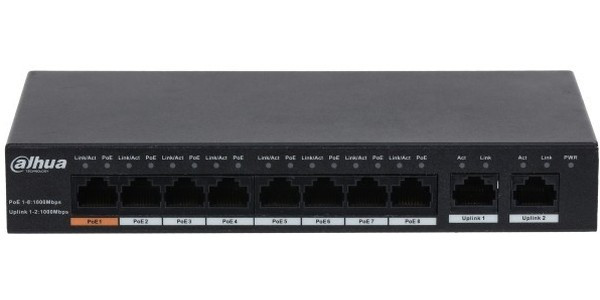 DAHUA DH-PFS3010-8GT-96 10-портовый гигабитный неуправляемый коммутатор с РоЕ, 8xRJ45 1Gb PoE, 2xRJ45 1Gb uplink, суммарно 96Вт, коммутация DAHUA DH-PFS3010-8GT-96 10-портовый гигабитный неуправляемый коммутатор с РоЕ, 8xRJ45 1Gb PoE, 2xRJ45 1Gb uplink, суммарно 96Вт, коммутация