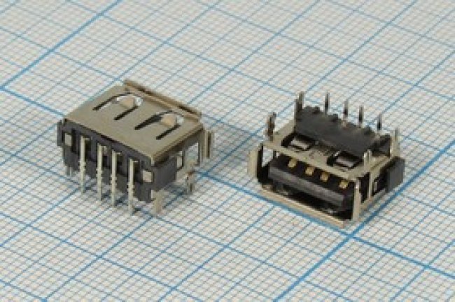 Разъем USB розетка, тип A, контакты на плату, угловой, USB A-1JB