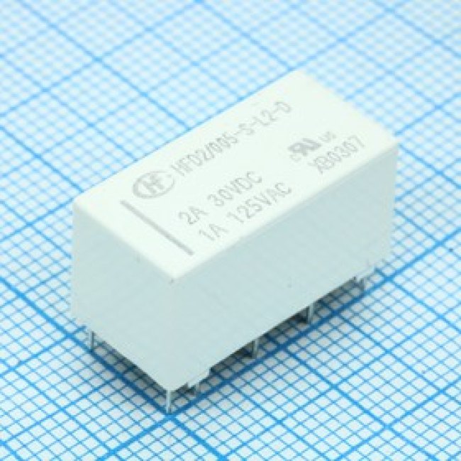 HFD2/005-S-L2-D, Сигнальное реле две контактных группы на переключение 1А/125VAC AgNi+Au две катушки 5В монтаж в отверстие