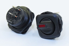 Рычажный переключатель (тумблер), 12В, 10А, переключение ON-OFF, d20, ILкрасныйСД, контакты 2T2C, R13-135PBB