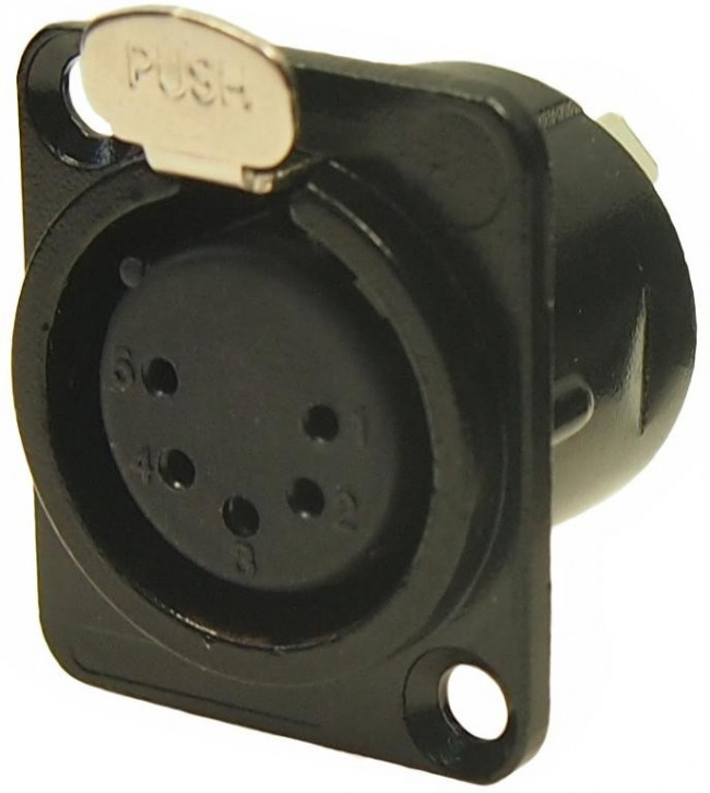 FC61950, Гнездо, XLR, "мама", PIN: 5, с кнопкой, пайка, черный, металл