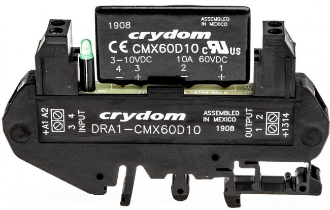 DRA1-CMX60D10, DRA1 CMX Series Solid State Interface Relay, 10 V dc Control, 8 A Load, DIN Rail Mount DRA1-CMX60D10, DRA1 CMX Series Solid State Interface Relay, 10 V dc Control, 8 A Load, DIN Rail Mount