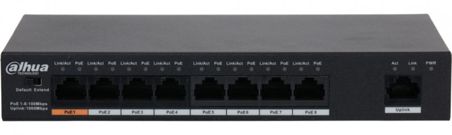 Dahua DH-PFS3009-8ET1GT-96, 8-портовый неуправляемый коммутатор с РоЕ, Порты: 8 RJ45 10/100Мбит/с PoE/PoE+ 1 RJ45 10/100/1000Мбит/с uplink;