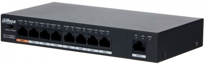Dahua DH-PFS3009-8ET1GT-96, 8-портовый неуправляемый коммутатор с РоЕ, Порты: 8 RJ45 10/100Мбит/с PoE/PoE+ 1 RJ45 10/100/1000Мбит/с uplink;